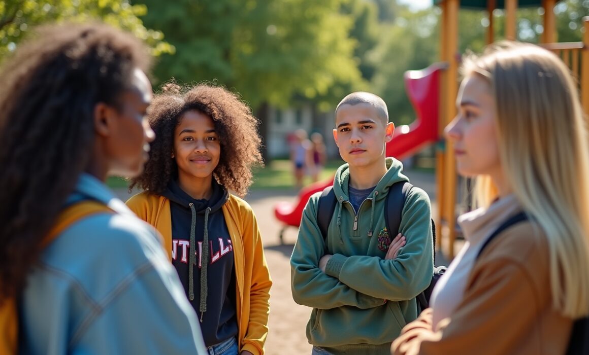 Diverse teens discussing serious issues at a playground