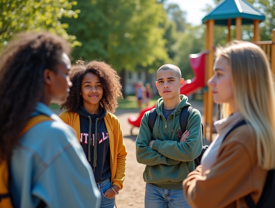 Diverse teens discussing serious issues at a playground