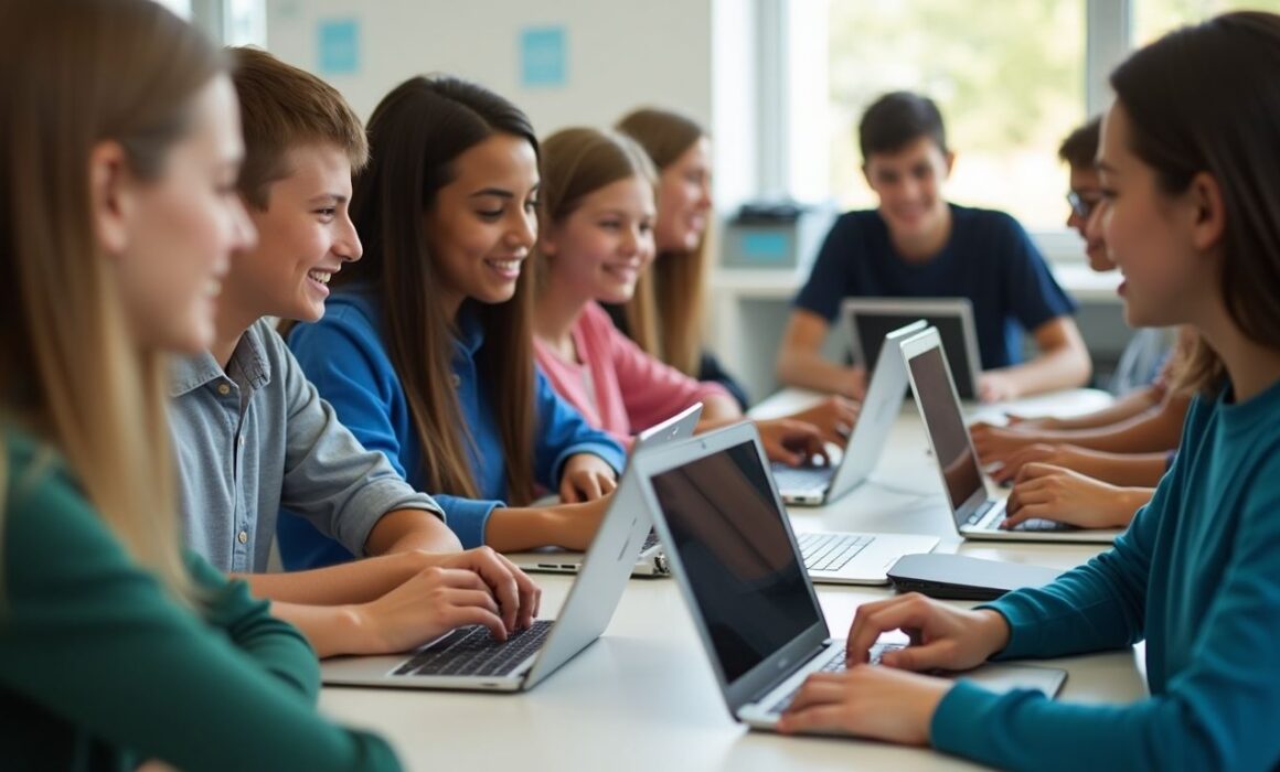 Diverse middle school students using laptops in a classroom.