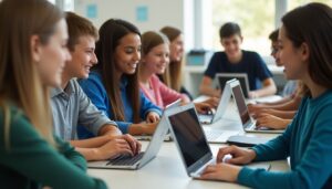 Diverse middle school students using laptops in a classroom.