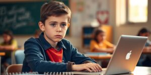 Student at a desk with a laptop, looking concerned.