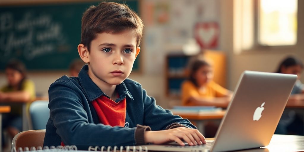 Student at a desk with a laptop, looking concerned.