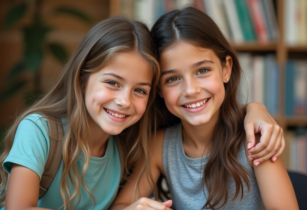 Two friends supporting each other in a warm setting.